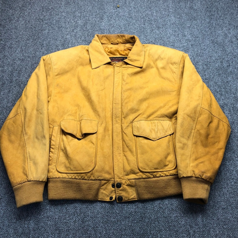 Adventure Bound Mens Yellow Leather Bomber Jacket Vintage Aviator Flight Coat